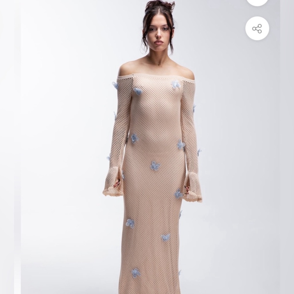 Beige Knit Maxi Dress with Blue Butterfly Accents